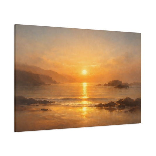 Golden Glow Coastal Panorama shown as stretched canvas wall art