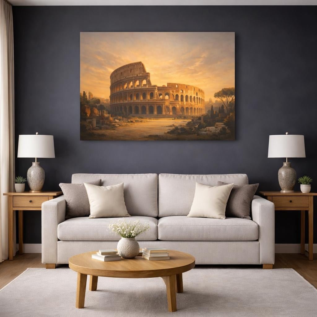 Golden Glow Colosseum Line Art Vintage - Canvas Wall Art Print - YesArtYes