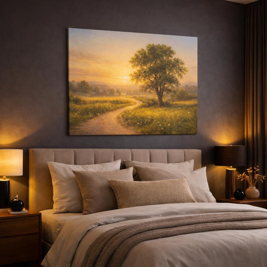 Golden Glow Countryside Path shown as canvas wall art in a luxury bedroom