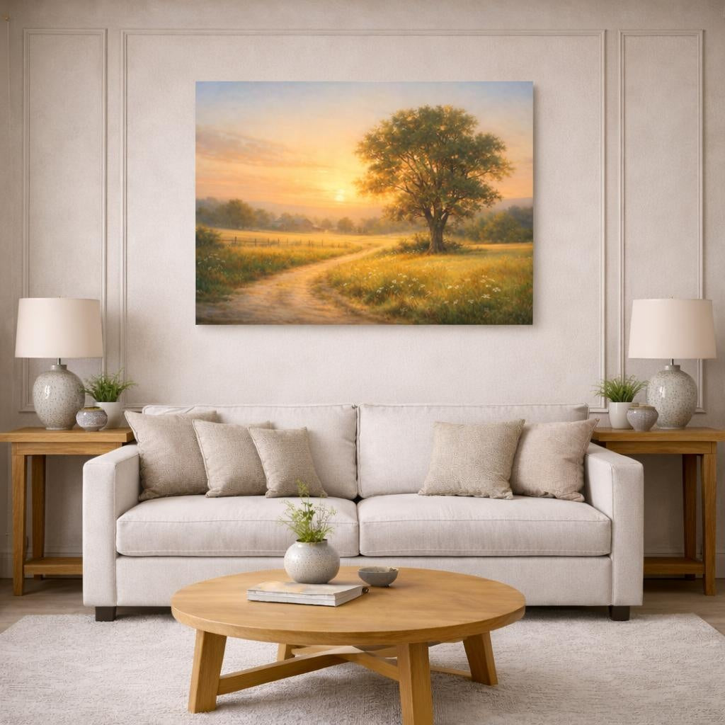 Golden Glow Countryside Path shown as canvas wall art in a modern living room