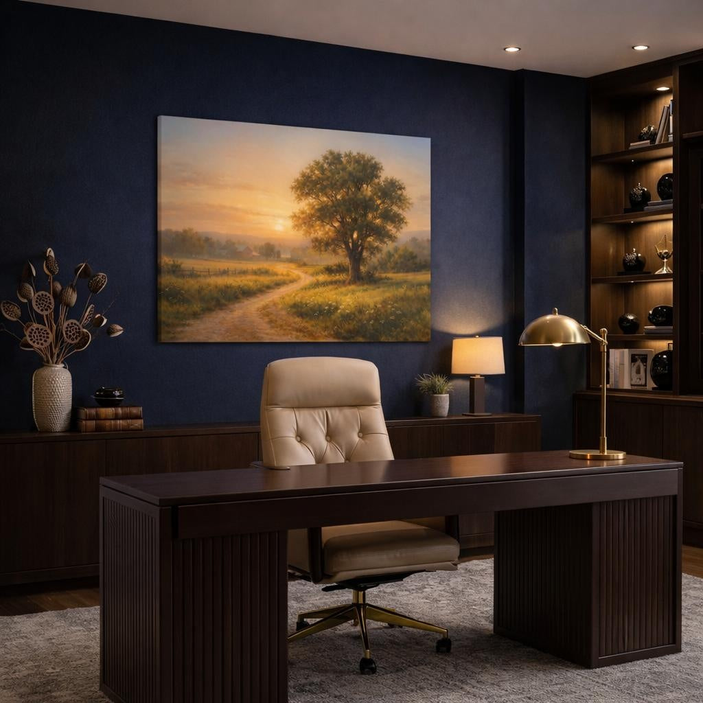 Golden Glow Countryside Path shown as canvas wall art in a refined dining room