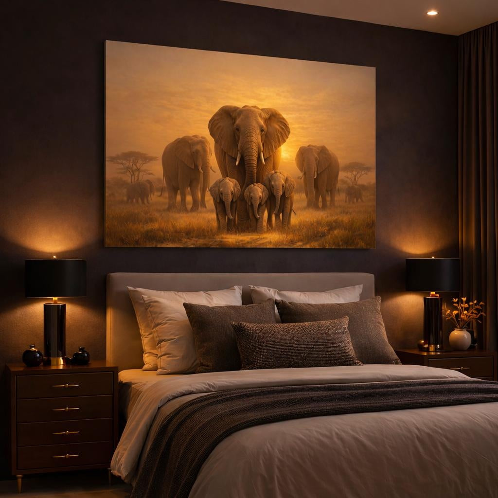 Golden Glow Elephant Family shown as canvas wall art in a luxury bedroom