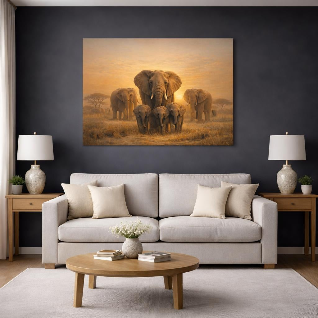 Golden Glow Elephant Family shown as canvas wall art in a modern living room