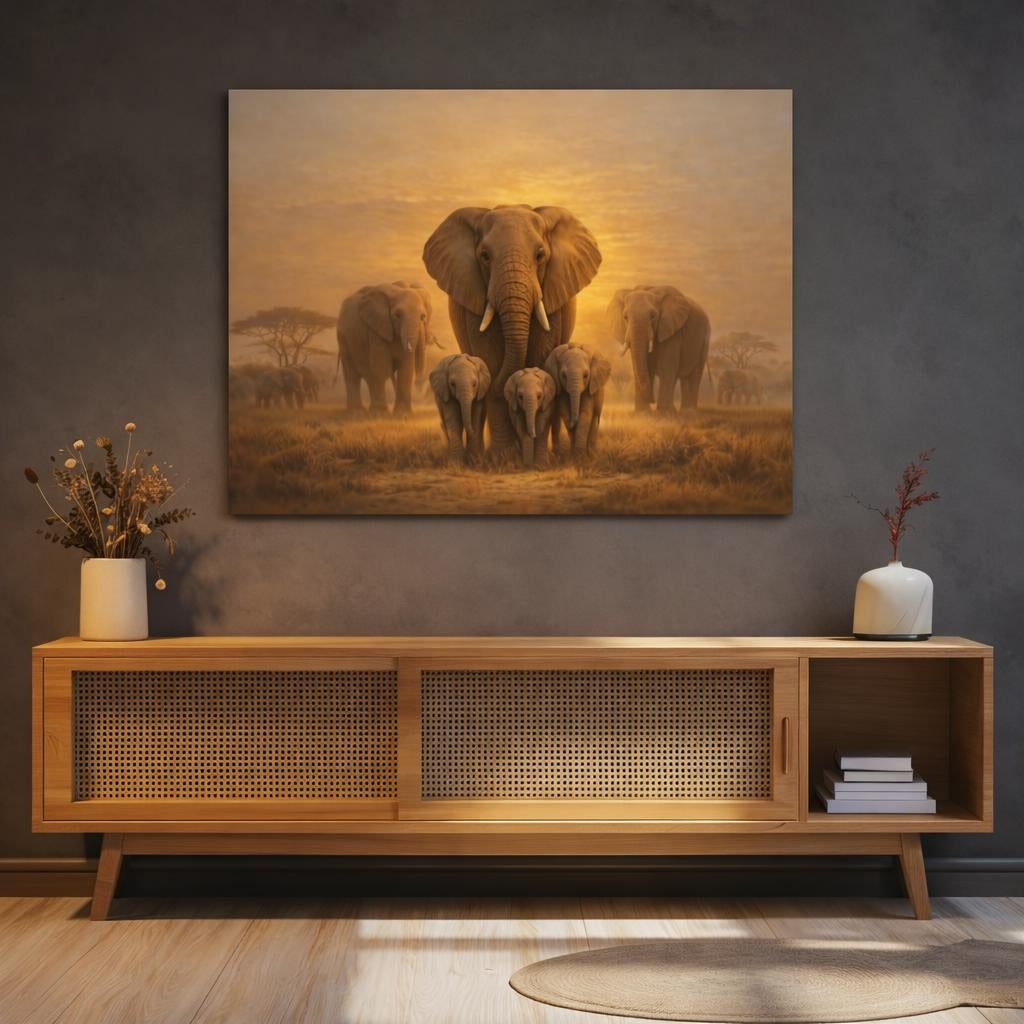 Golden Glow Elephant Family shown as canvas wall art in a refined dining room
