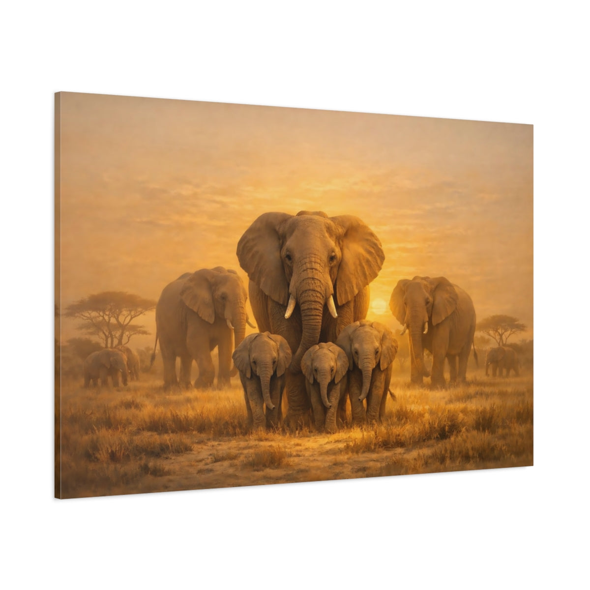 Golden Glow Elephant Family shown as stretched canvas wall art