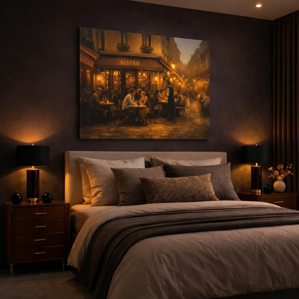 Golden Glow European Bistro Street shown as canvas wall art in a luxury bedroom