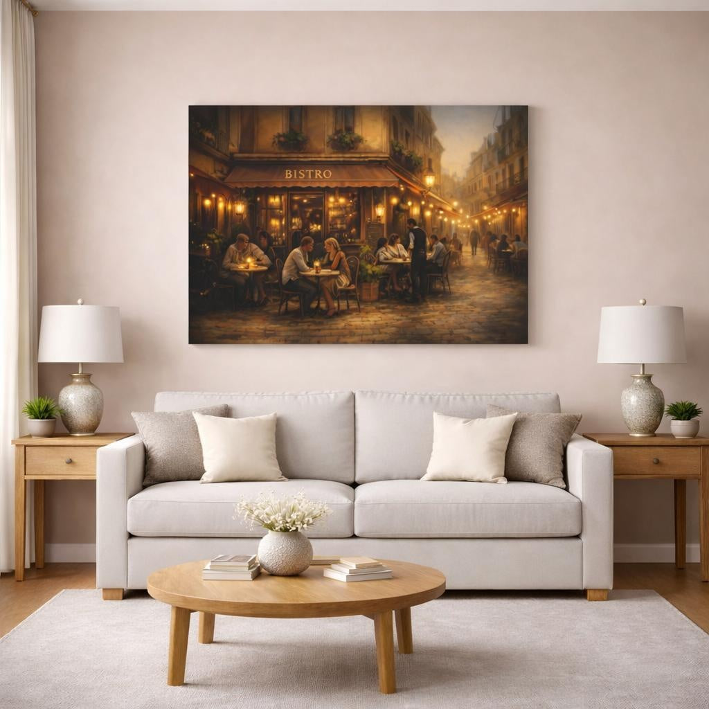 Golden Glow European Bistro Street shown as canvas wall art in a modern living room