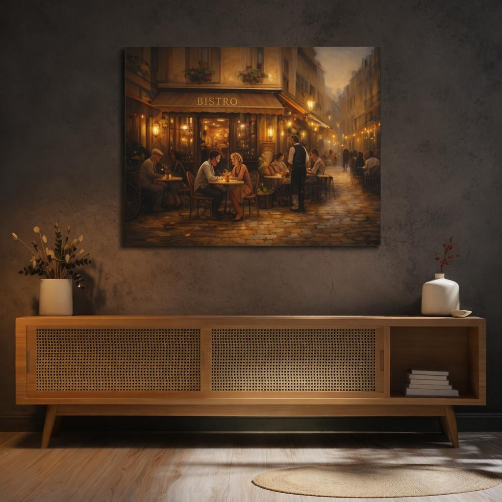 Golden Glow European Bistro Street shown as canvas wall art in a refined dining room