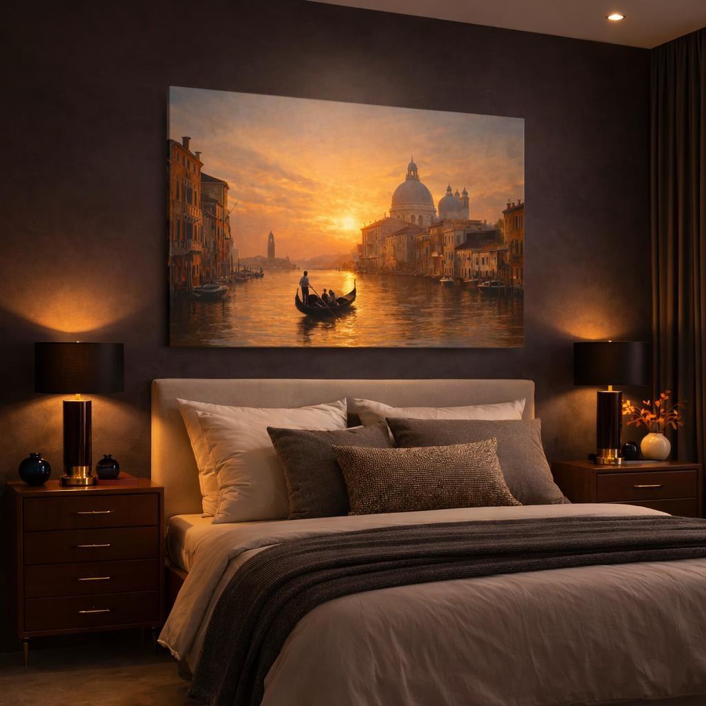 Golden Glow Evening Canal shown as canvas wall art in a luxury bedroom