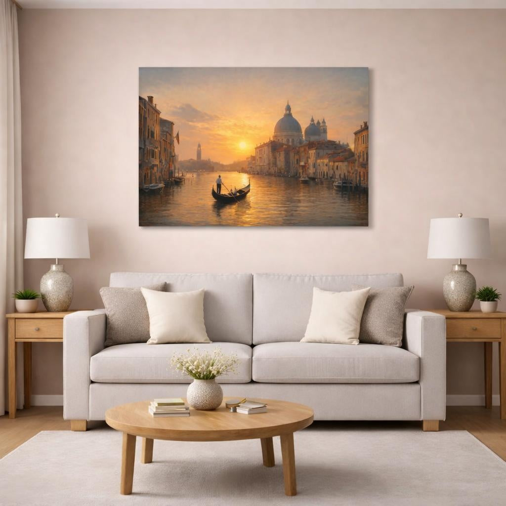 Golden Glow Evening Canal shown as canvas wall art in a modern living room