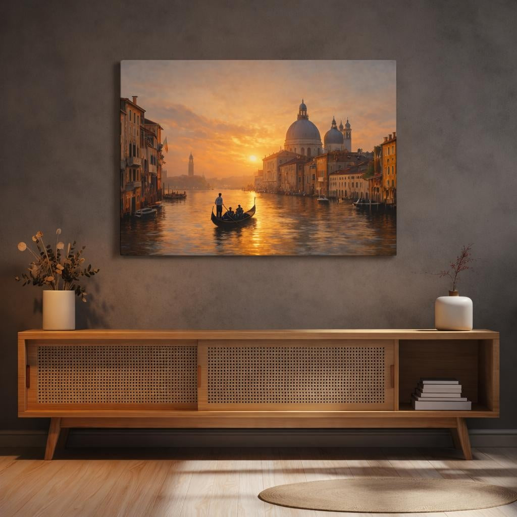 Golden Glow Evening Canal shown as canvas wall art in a refined dining room