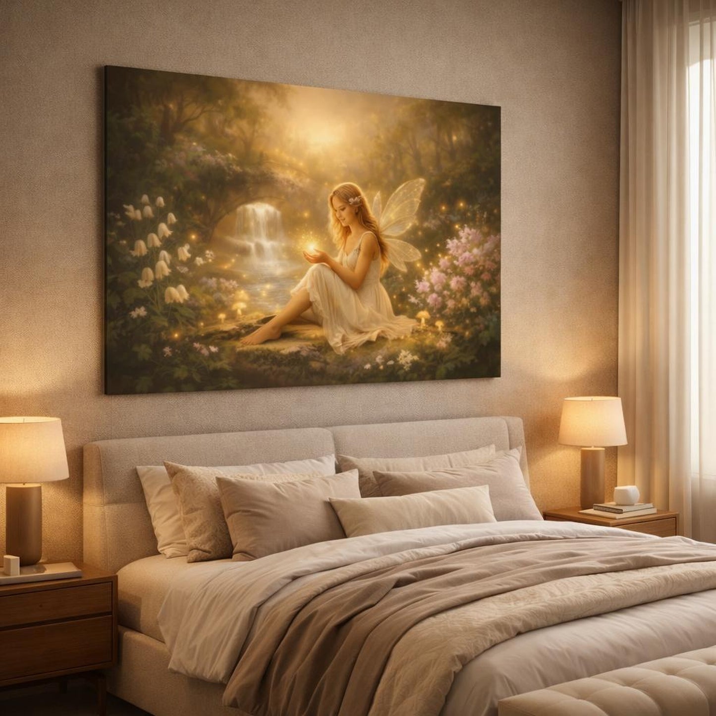 Golden Glow Fairy Garden shown as canvas wall art in a luxury bedroom