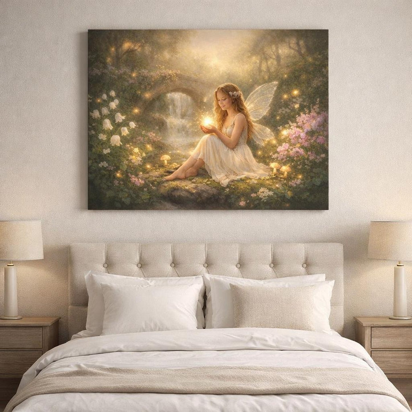 Golden Glow Fairy Garden shown as canvas wall art in a refined dining room