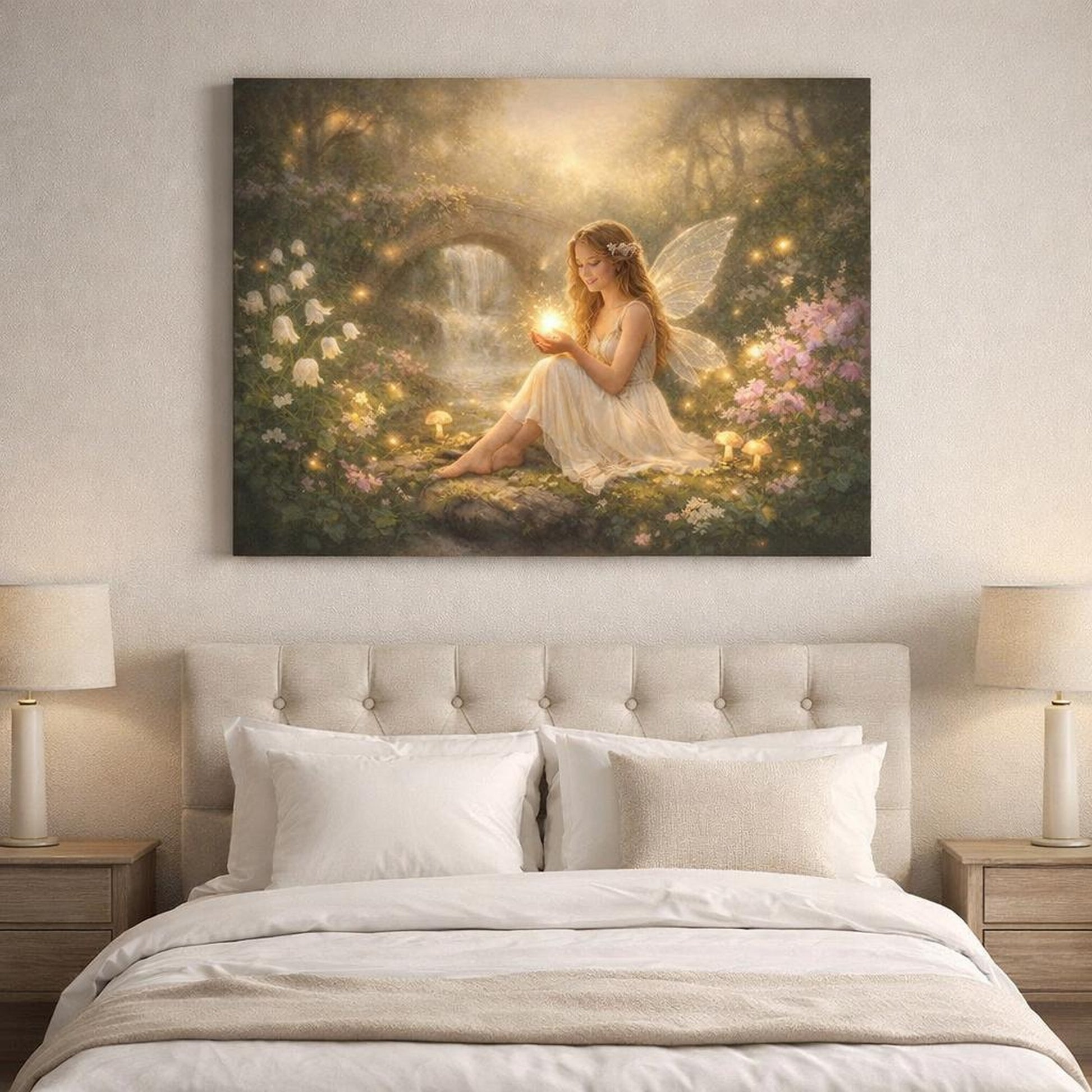Golden Glow Fairy Garden shown as canvas wall art in a refined dining room