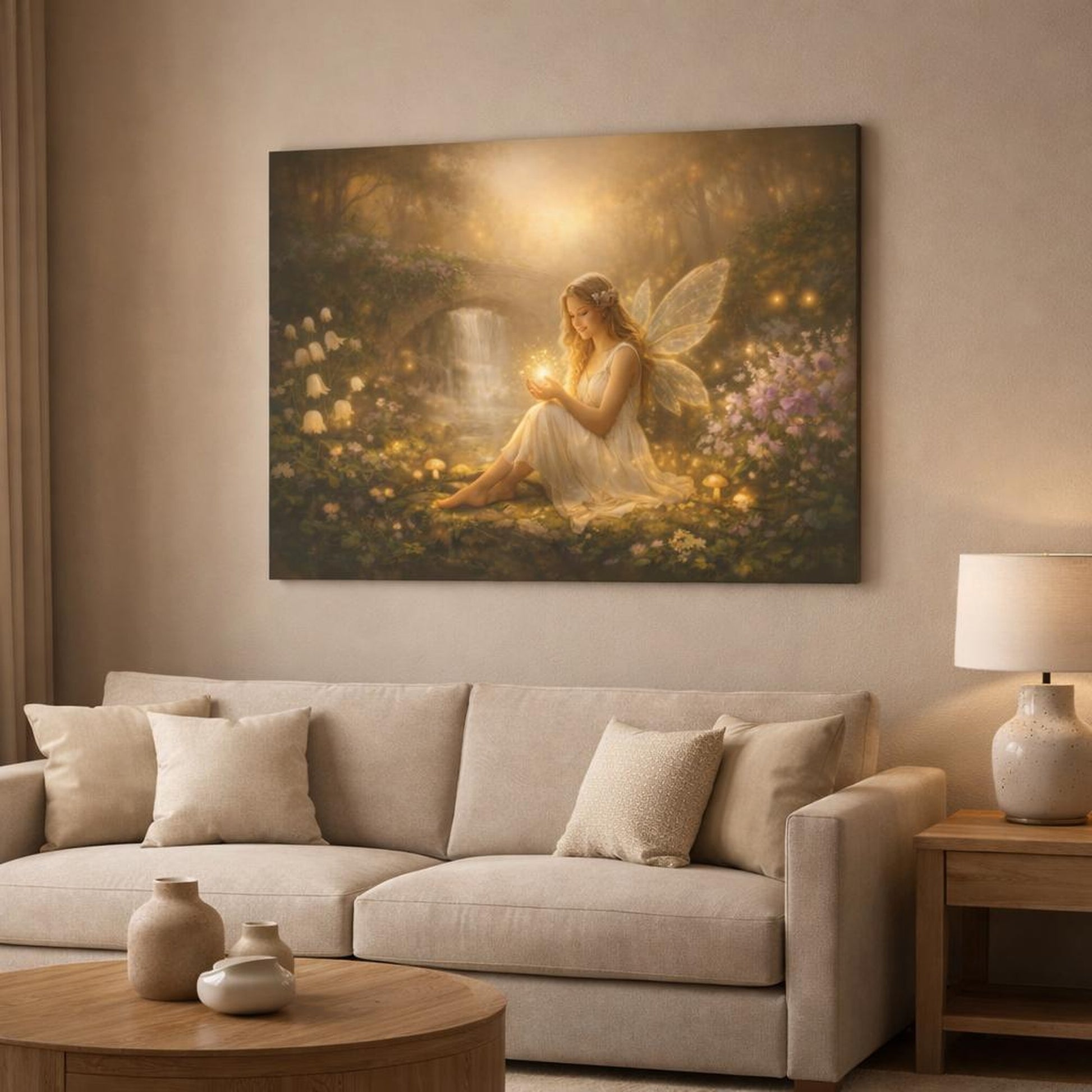Golden Glow Fairy Garden shown as canvas wall art in a modern living room