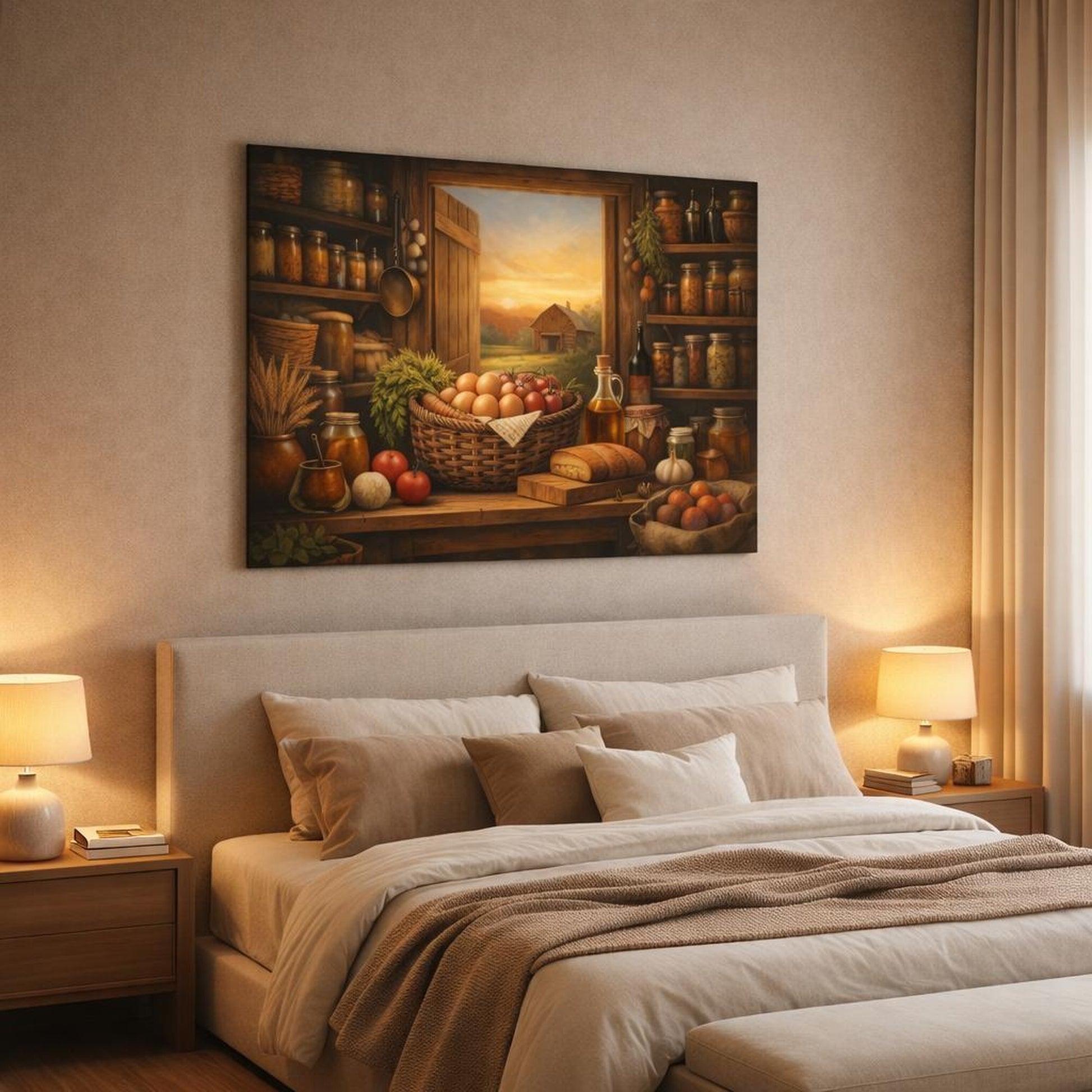 Golden Glow Farmhouse Pantry shown as canvas wall art in a luxury bedroom