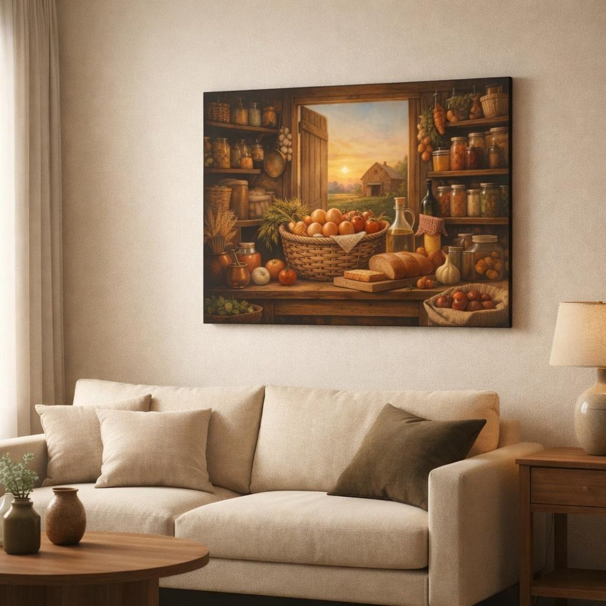 Golden Glow Farmhouse Pantry shown as canvas wall art in a modern living room