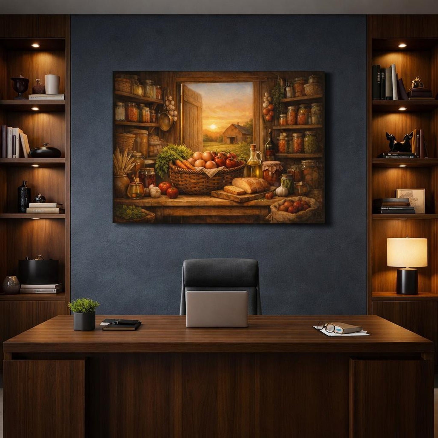 Golden Glow Farmhouse Pantry shown as canvas wall art in a refined dining room