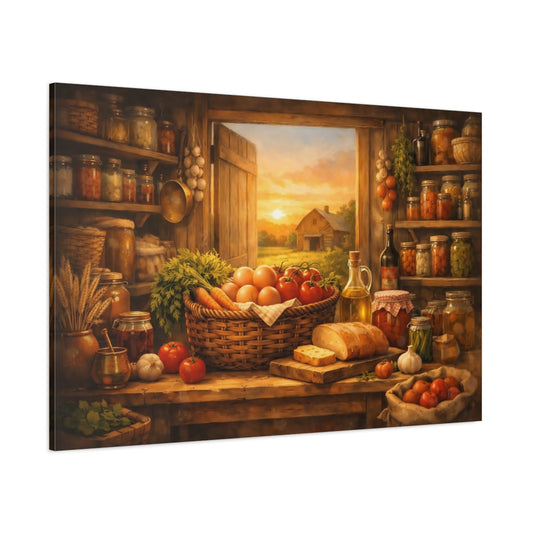 Golden Glow Farmhouse Pantry shown as stretched canvas wall art
