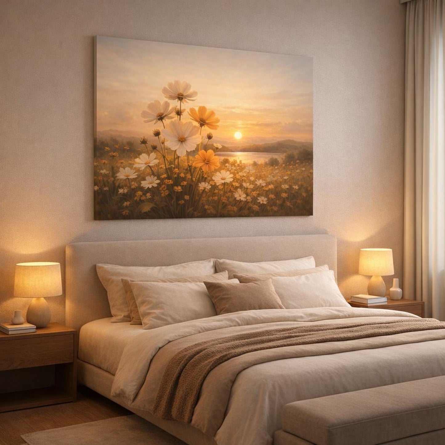 Golden Glow Floral Sunset shown as canvas wall art in a luxury bedroom