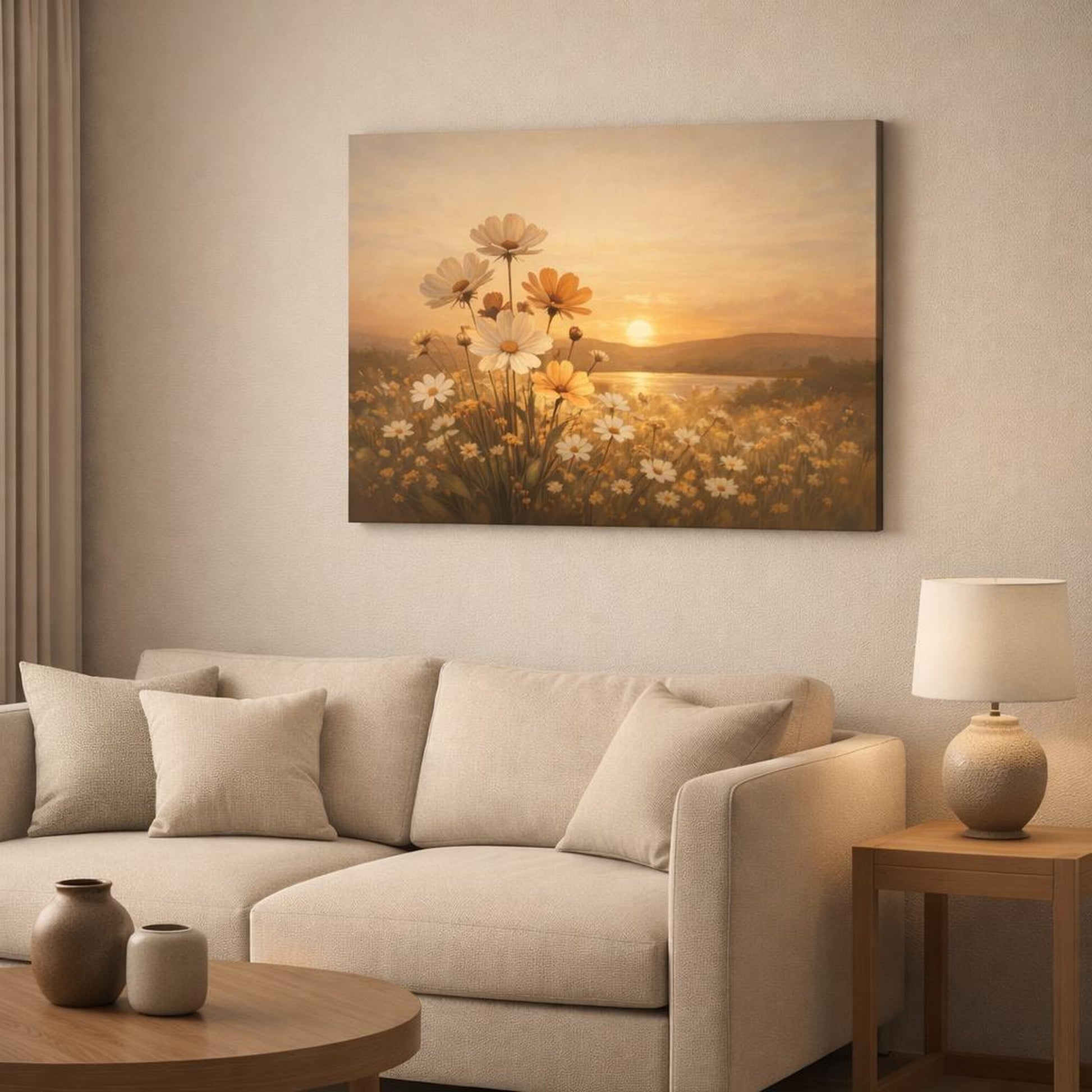 Golden Glow Floral Sunset shown as canvas wall art in a modern living room