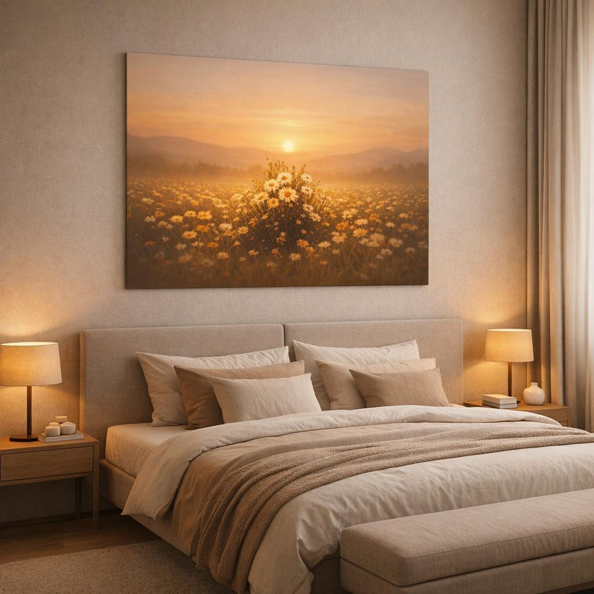 Golden Glow Flower Field shown as canvas wall art in a luxury bedroom