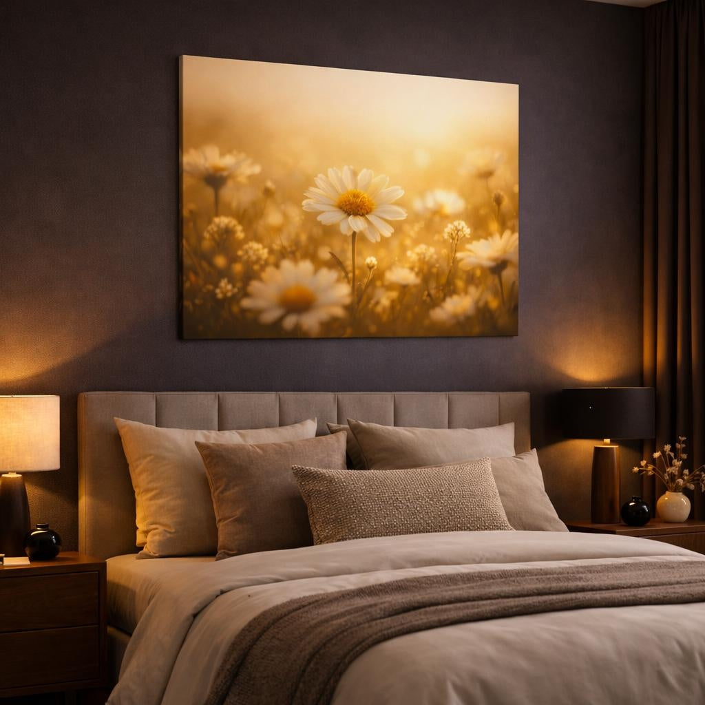 Golden Glow Flower Field shown as canvas wall art in a luxury bedroom