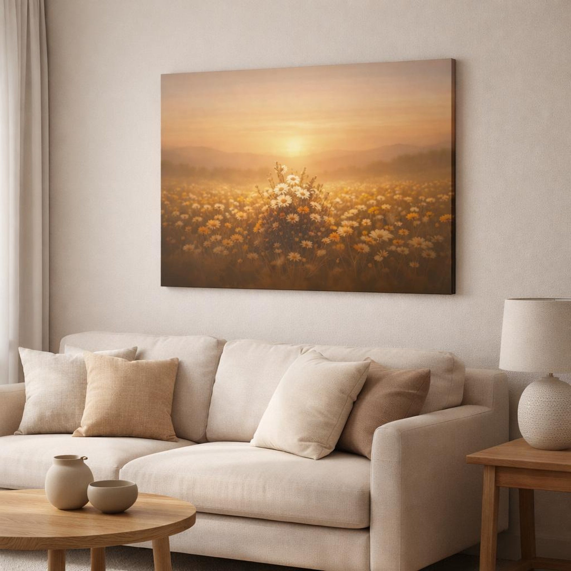 Golden Glow Flower Field shown as canvas wall art in a modern living room