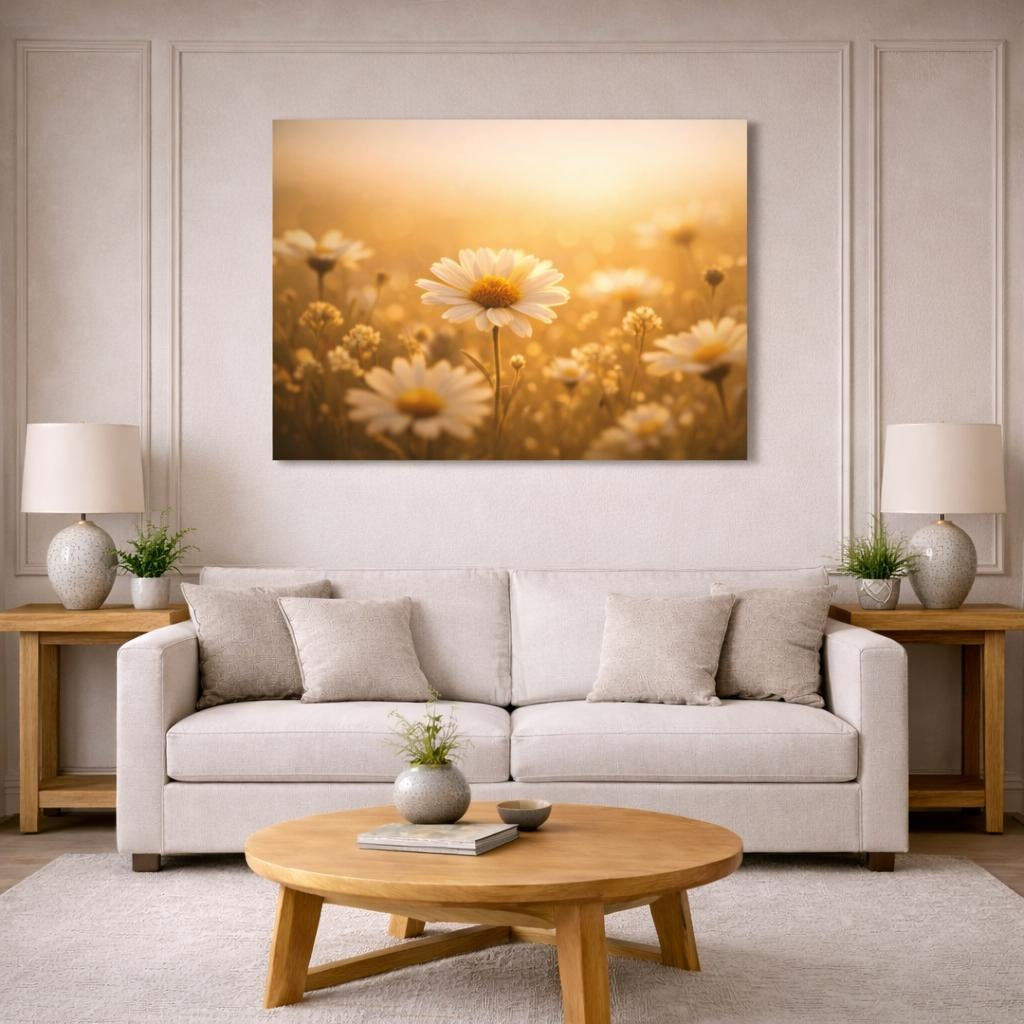 Golden Glow Flower Field shown as canvas wall art in a modern living room
