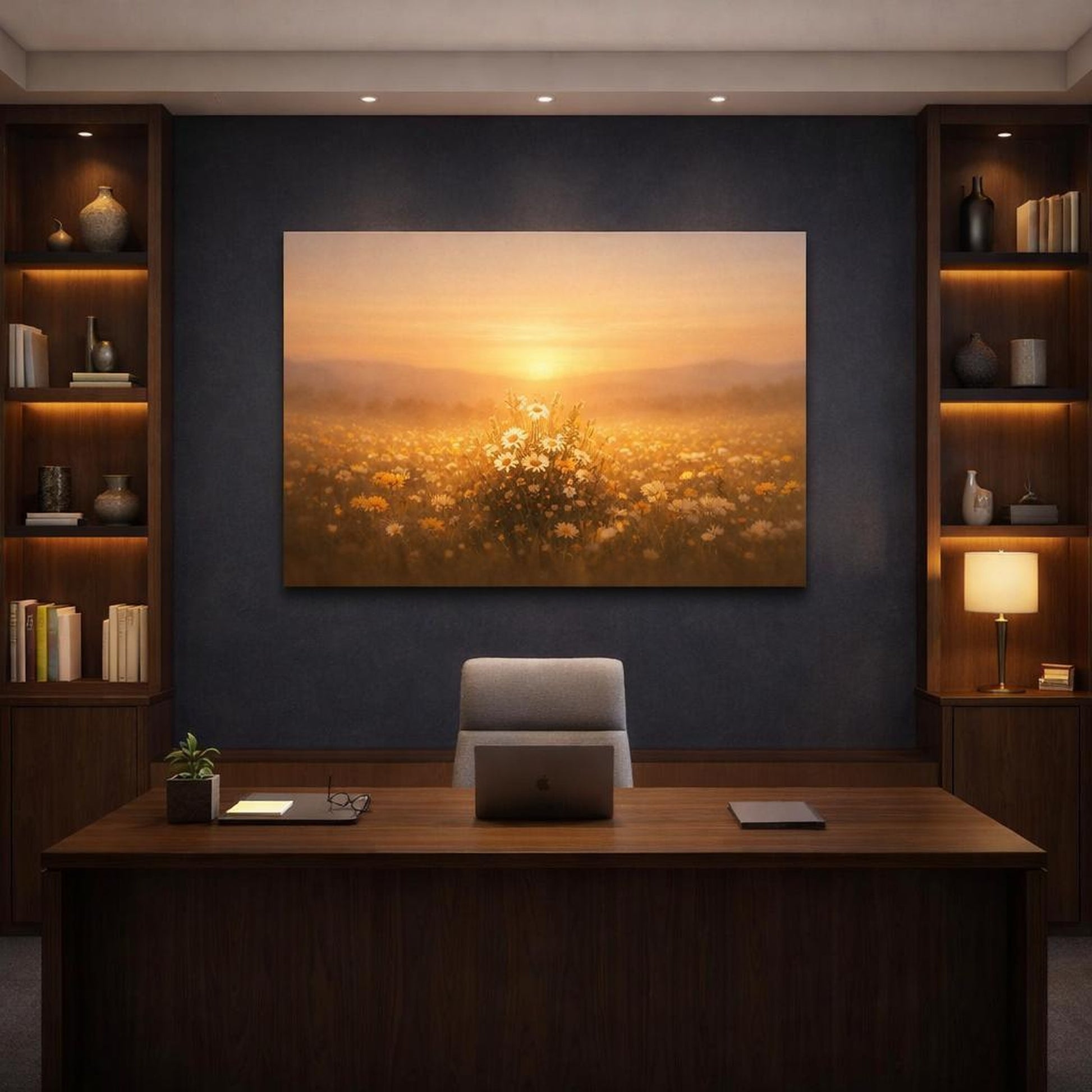 Golden Glow Flower Field shown as canvas wall art in a refined dining room