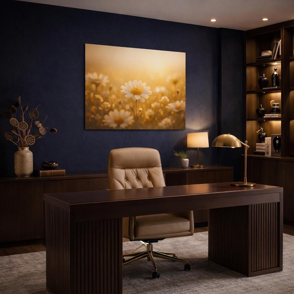 Golden Glow Flower Field shown as canvas wall art in a refined dining room
