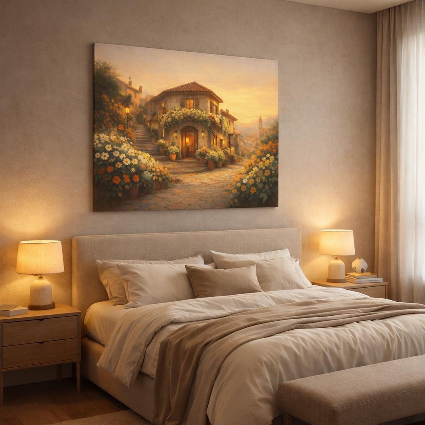 Golden Glow Flower Street shown as canvas wall art in a luxury bedroom
