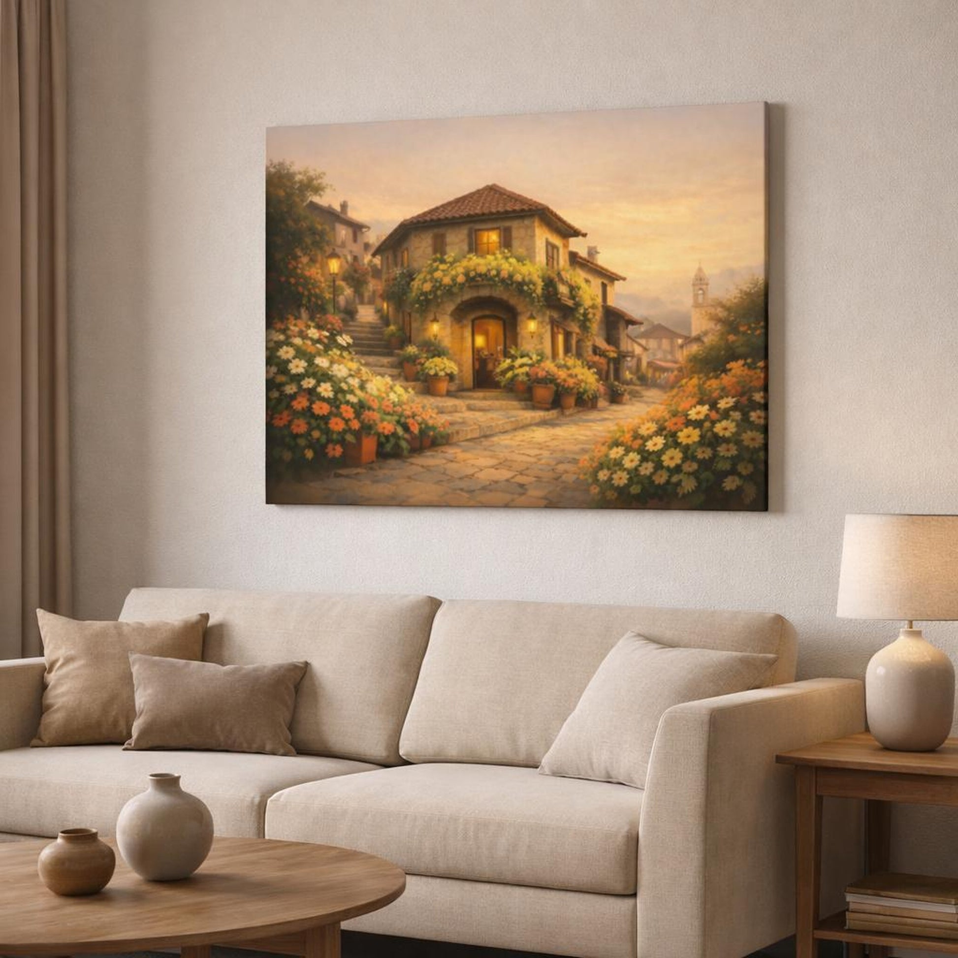 Golden Glow Flower Street shown as canvas wall art in a modern living room