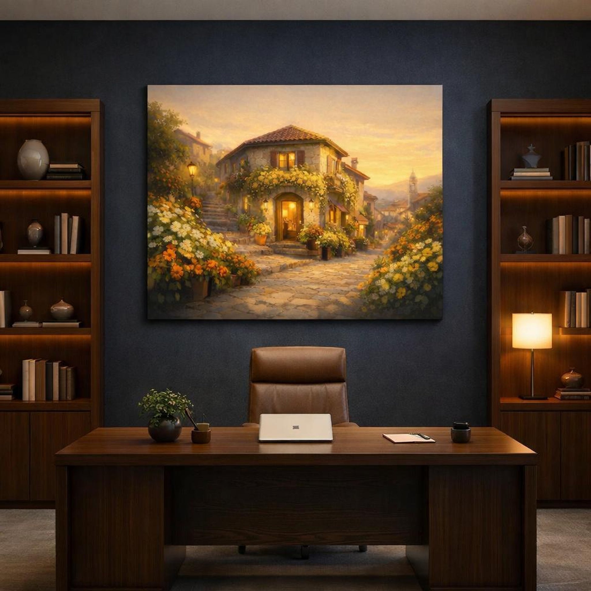 Golden Glow Flower Street shown as canvas wall art in a refined dining room