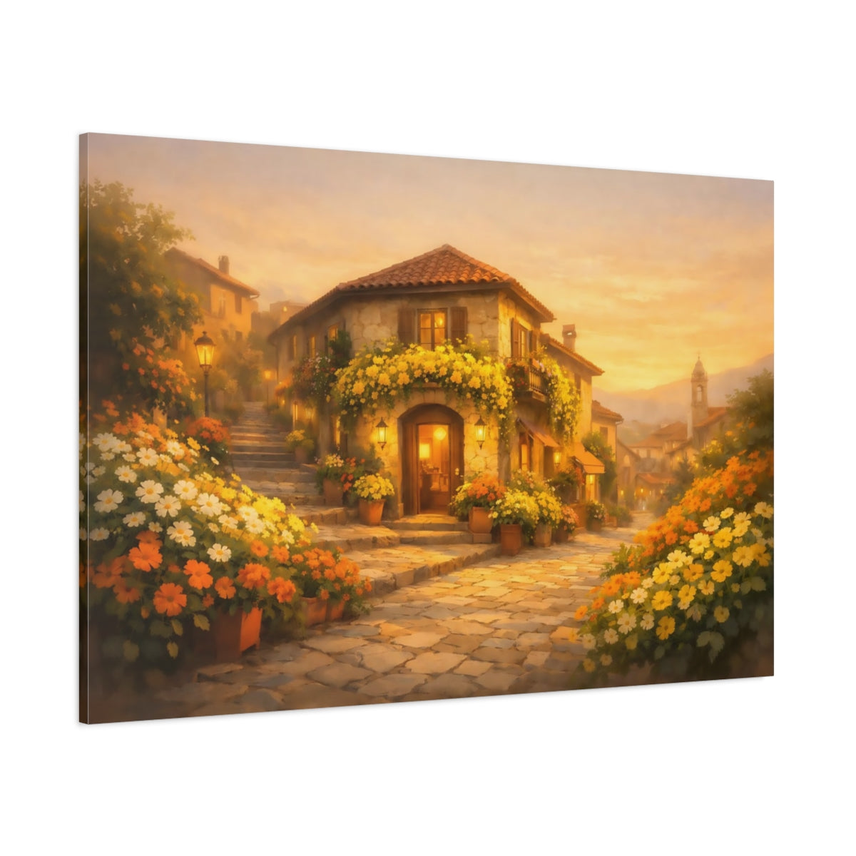 Golden Glow Flower Street shown as stretched canvas wall art
