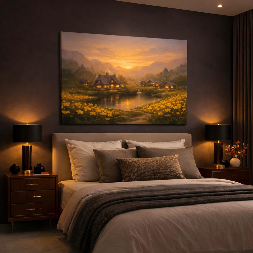 Golden Glow Flower Village shown as canvas wall art in a luxury bedroom