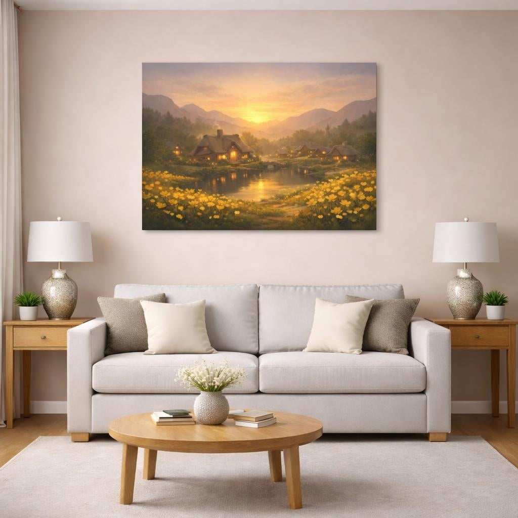 Golden Glow Flower Village shown as canvas wall art in a modern living room