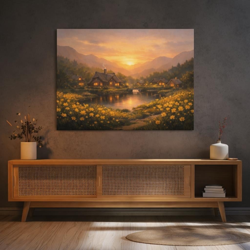Golden Glow Flower Village shown as canvas wall art in a refined dining room