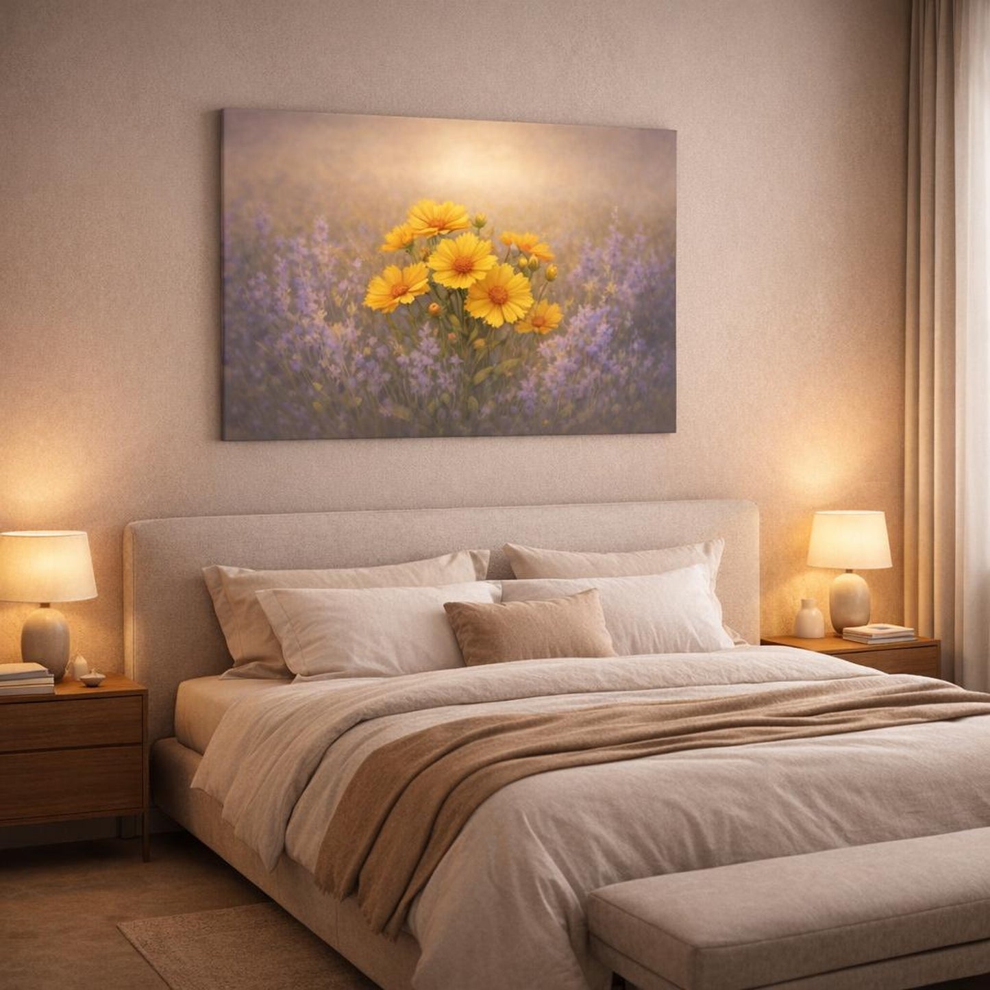 Golden Glow Flowers Lavender shown as canvas wall art in a luxury bedroom