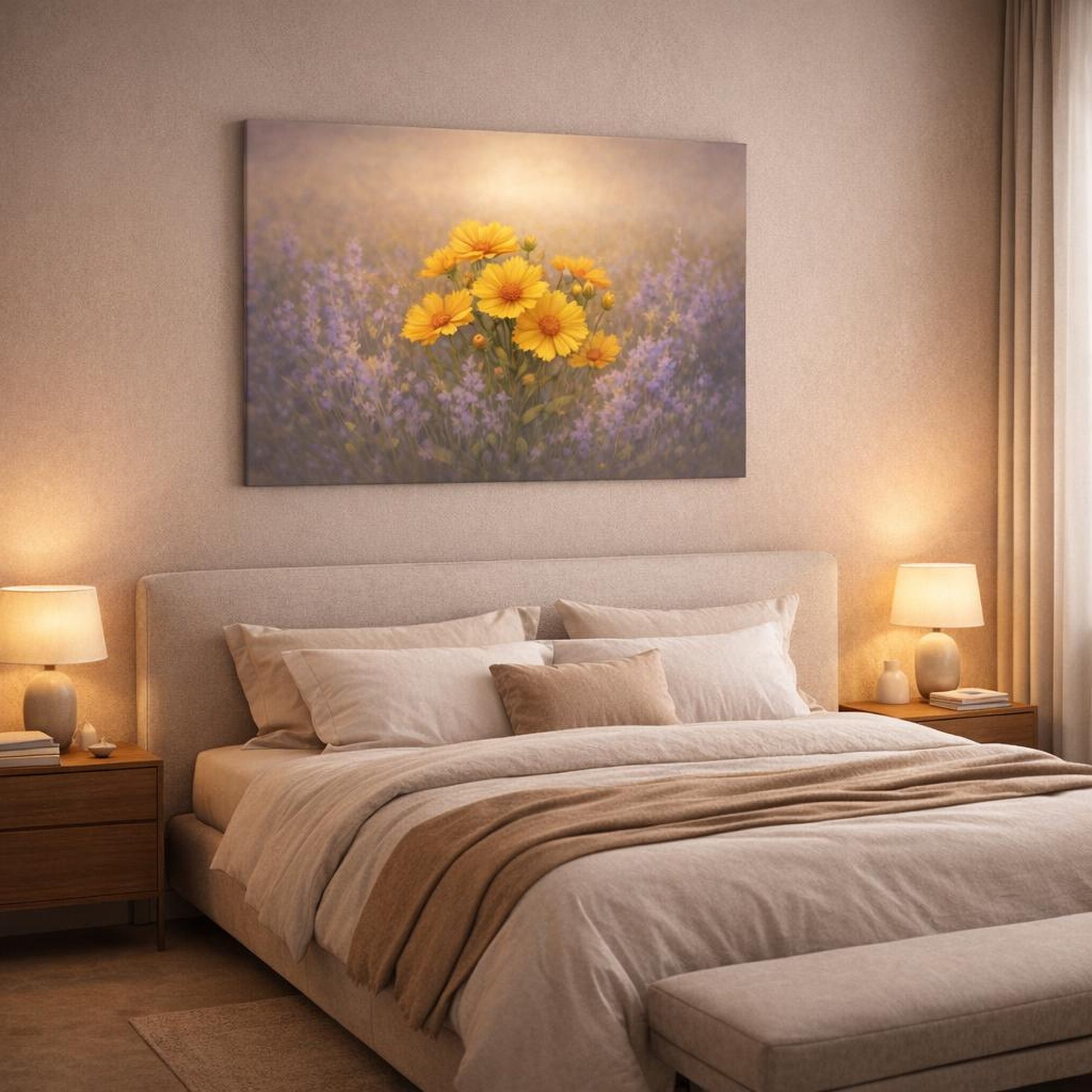 Golden Glow Flowers Lavender shown as canvas wall art in a luxury bedroom