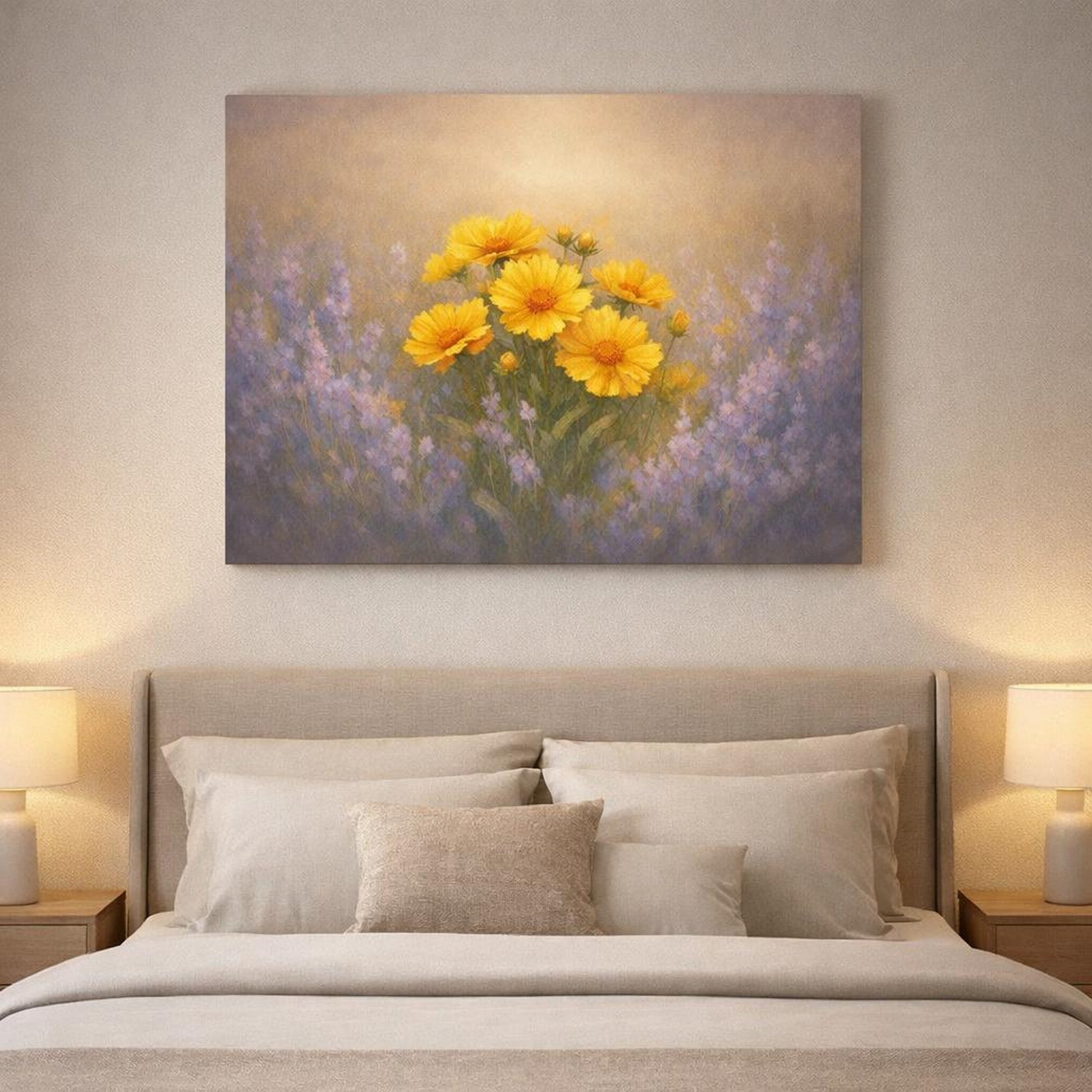 Golden Glow Flowers Lavender shown as canvas wall art in a refined dining room