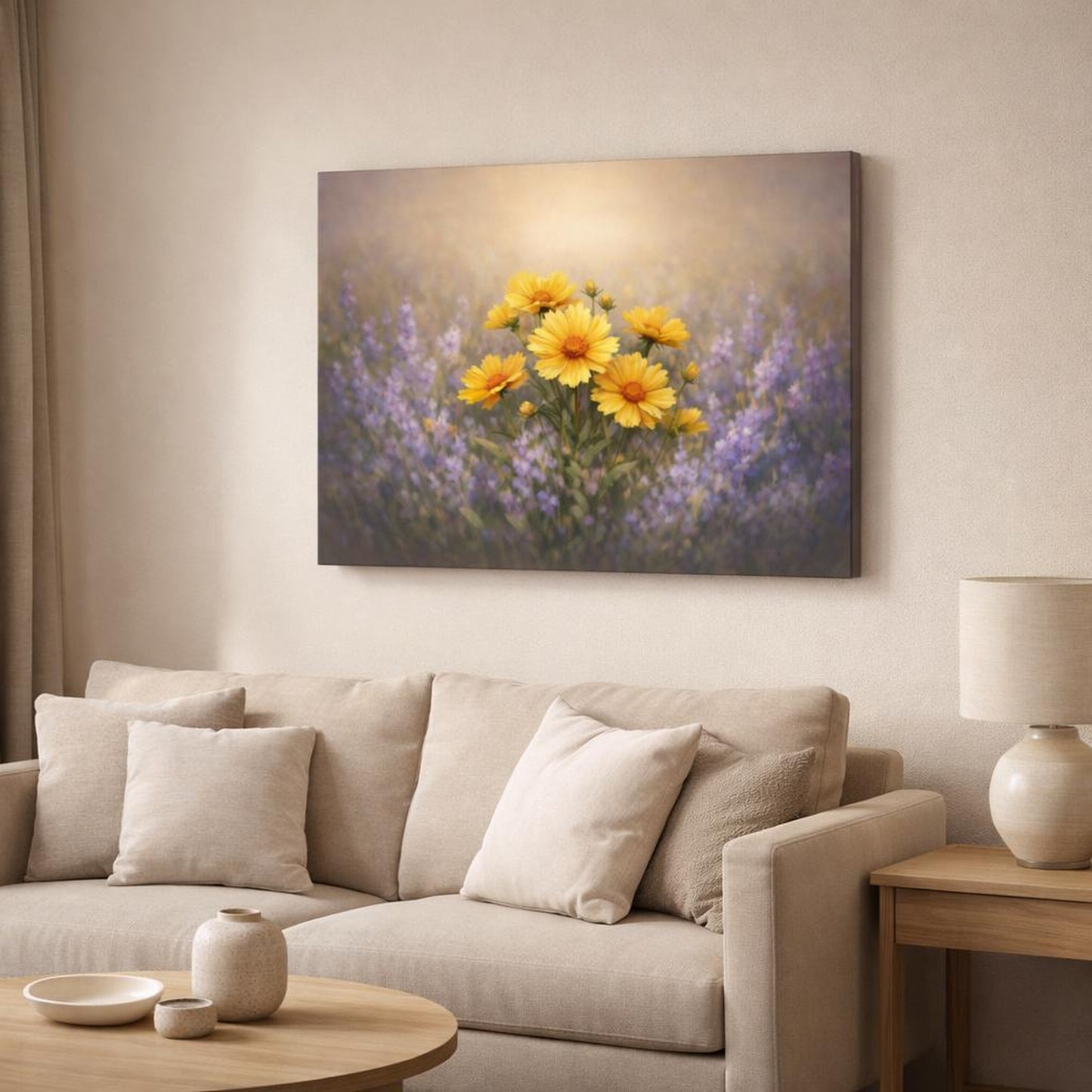 Golden Glow Flowers Lavender shown as canvas wall art in a modern living room