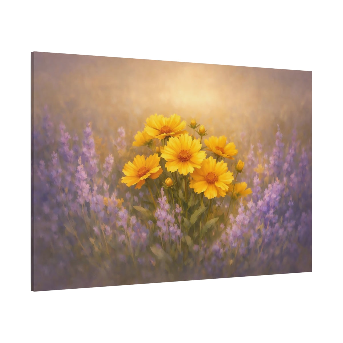 Golden Glow Flowers Lavender shown as stretched canvas wall art