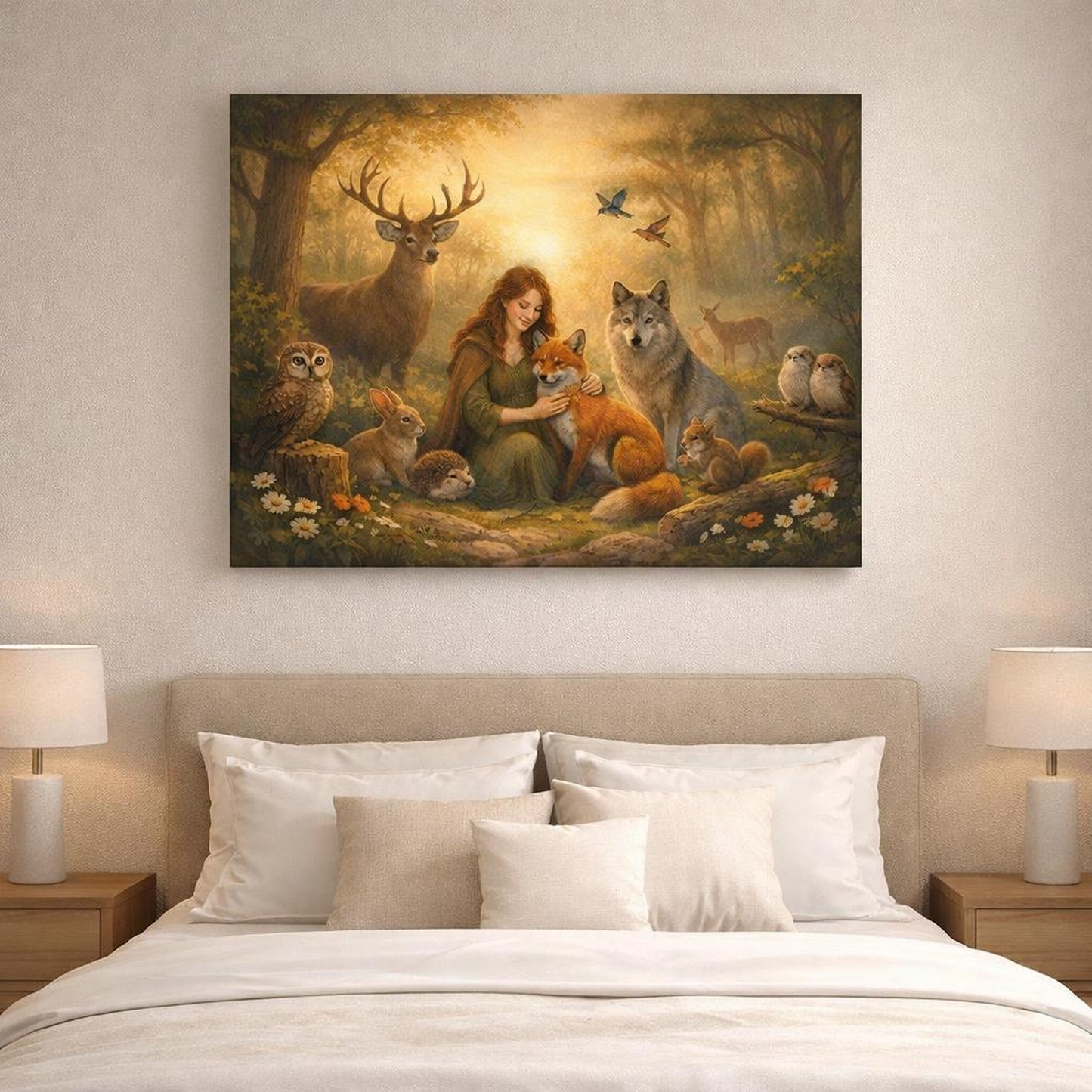Golden Glow Forest Friends shown as canvas wall art in a refined dining room