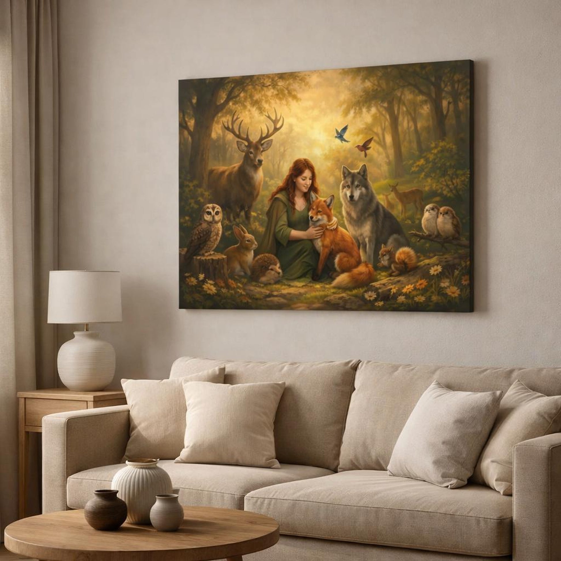Golden Glow Forest Friends shown as canvas wall art in a modern living room