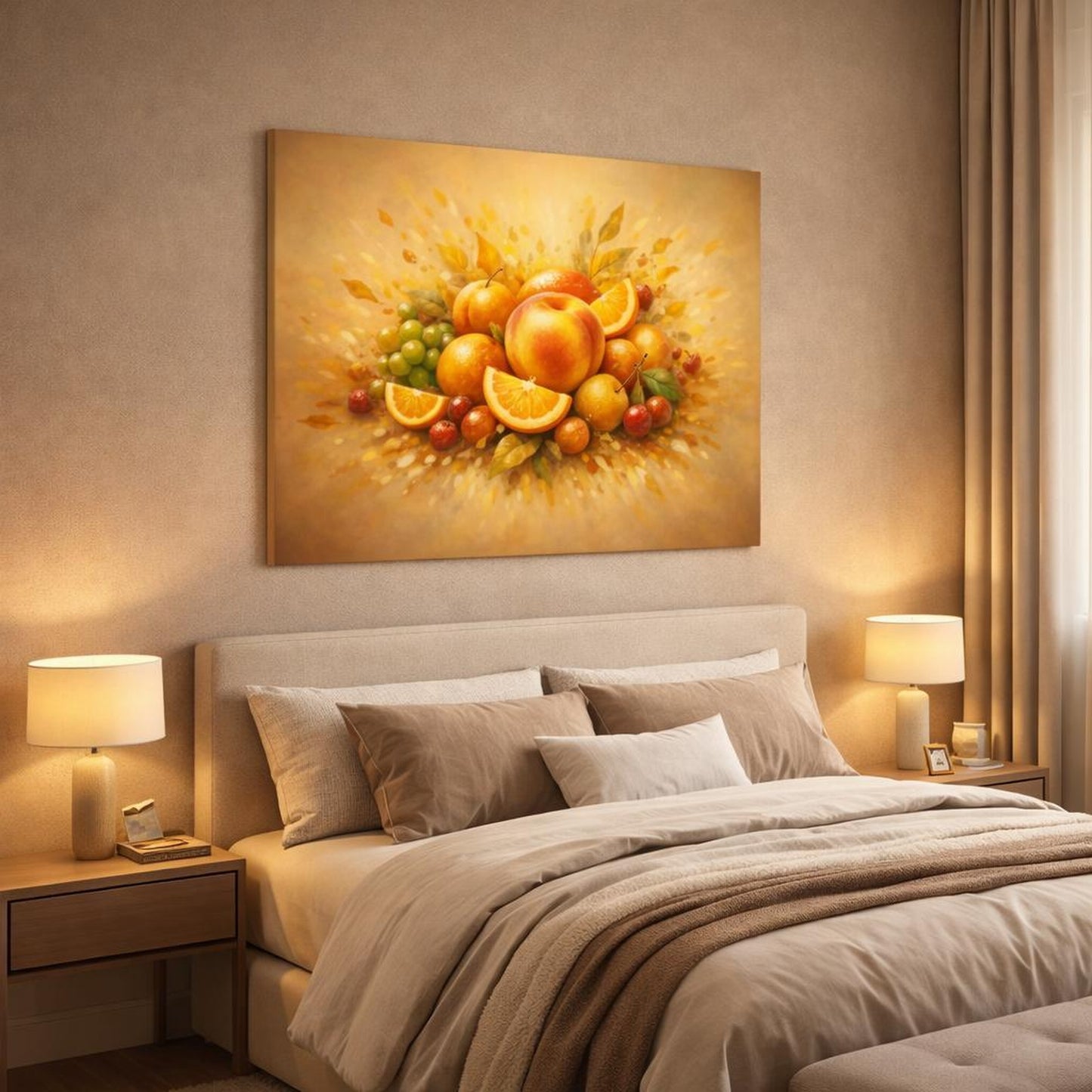 Golden Glow Fruit Art shown as canvas wall art in a luxury bedroom