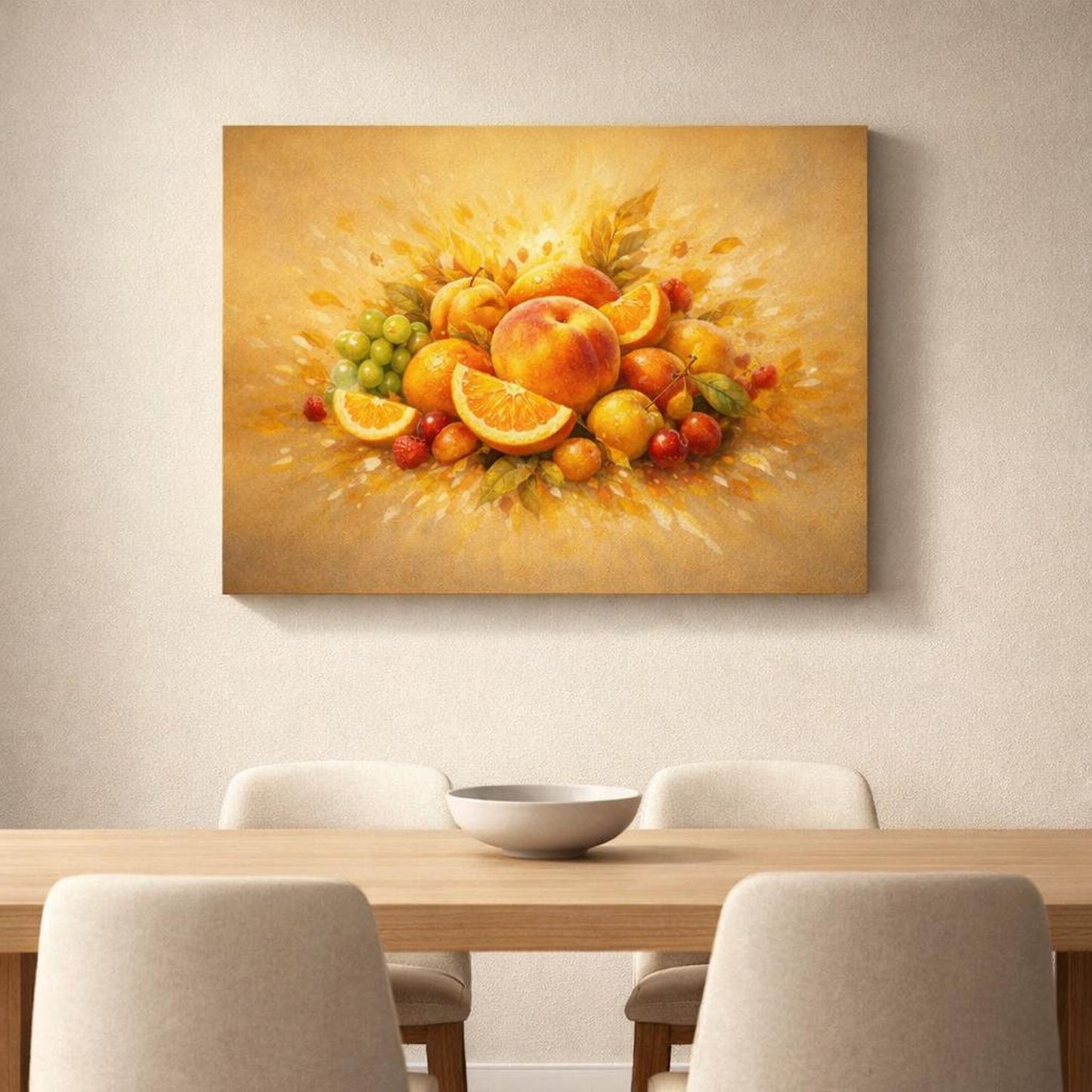 Golden Glow Fruit Art shown as canvas wall art in a refined dining room
