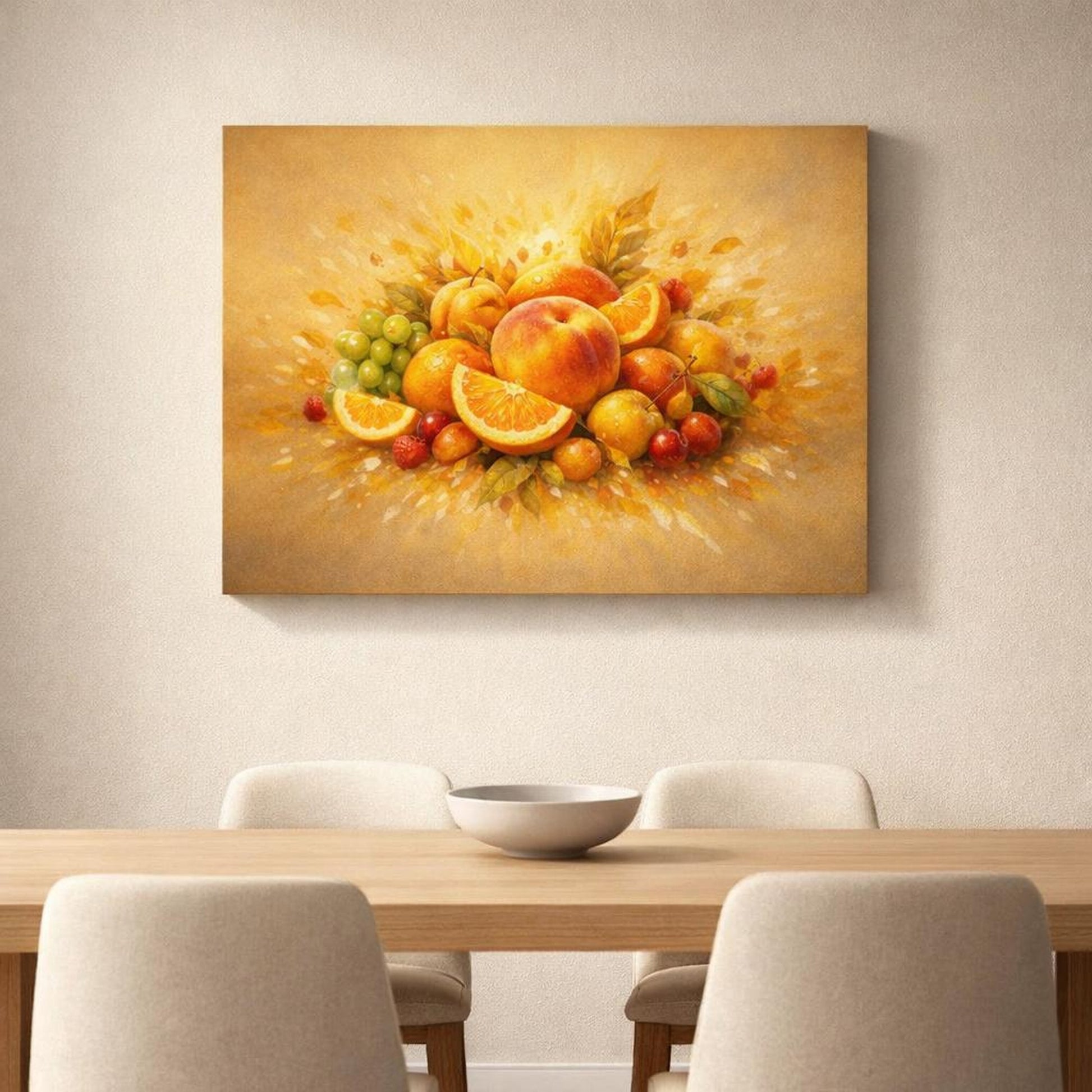 Golden Glow Fruit Art shown as canvas wall art in a refined dining room