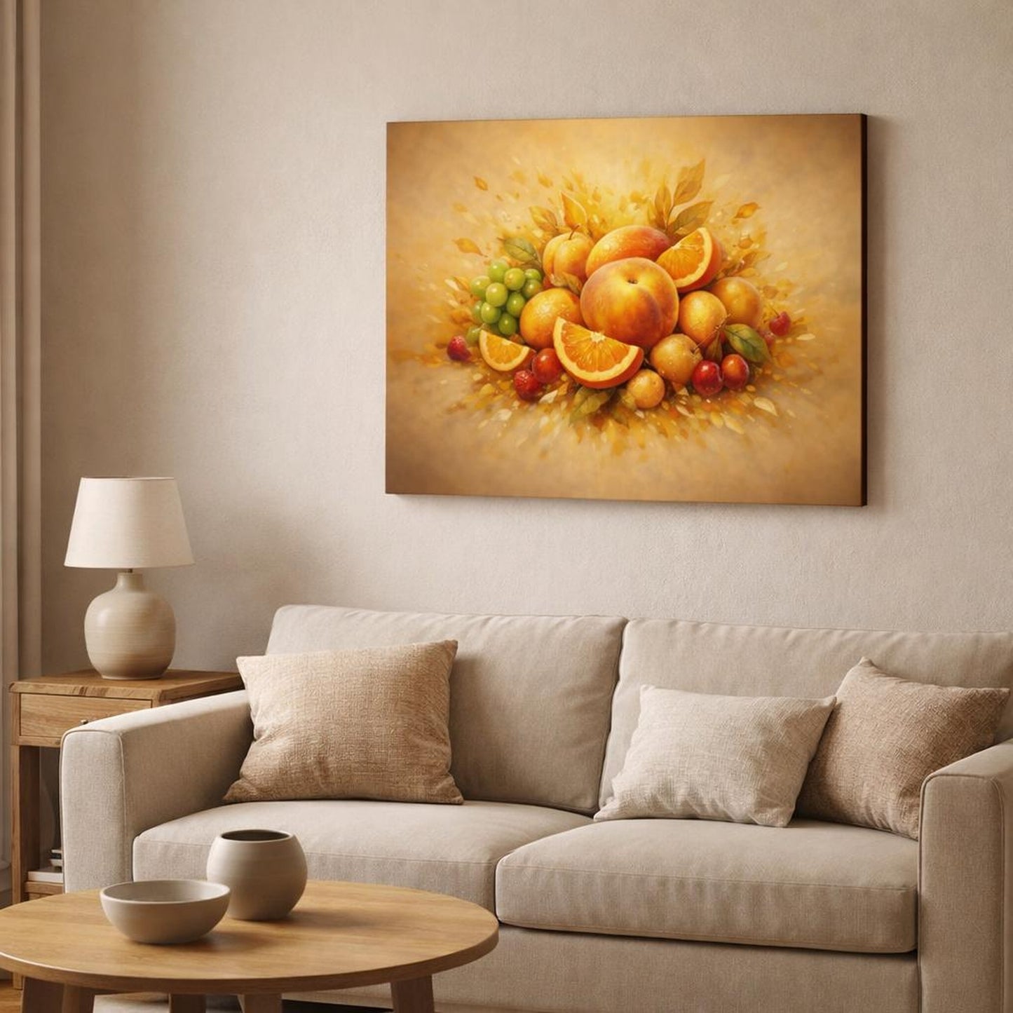 Golden Glow Fruit Art shown as canvas wall art in a modern living room