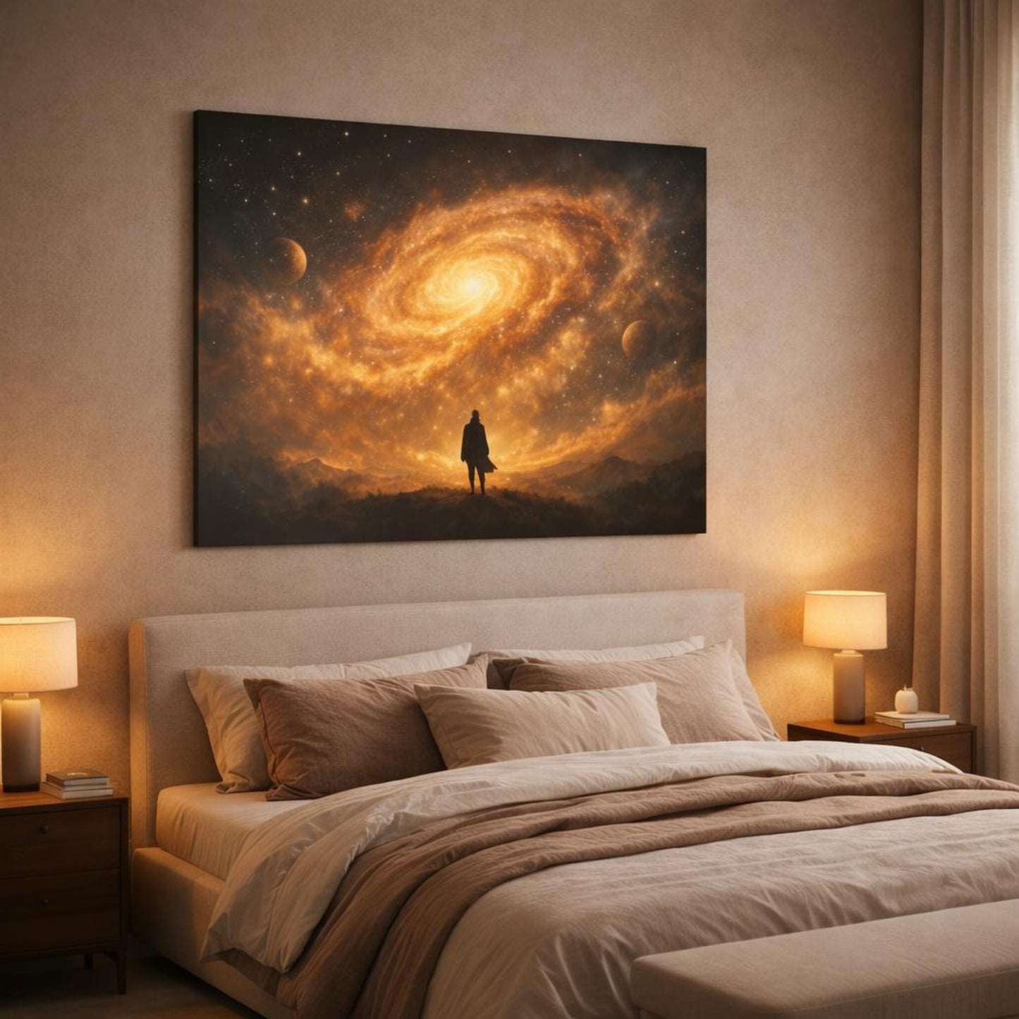 Golden Glow Galaxy Art shown as canvas wall art in a luxury bedroom